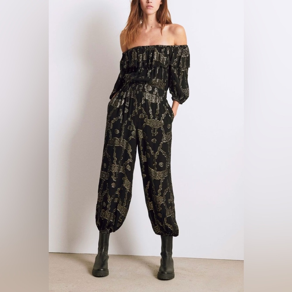 NWT Ba&sh dulcine off the shoulder black gold floral jumpsuit size small